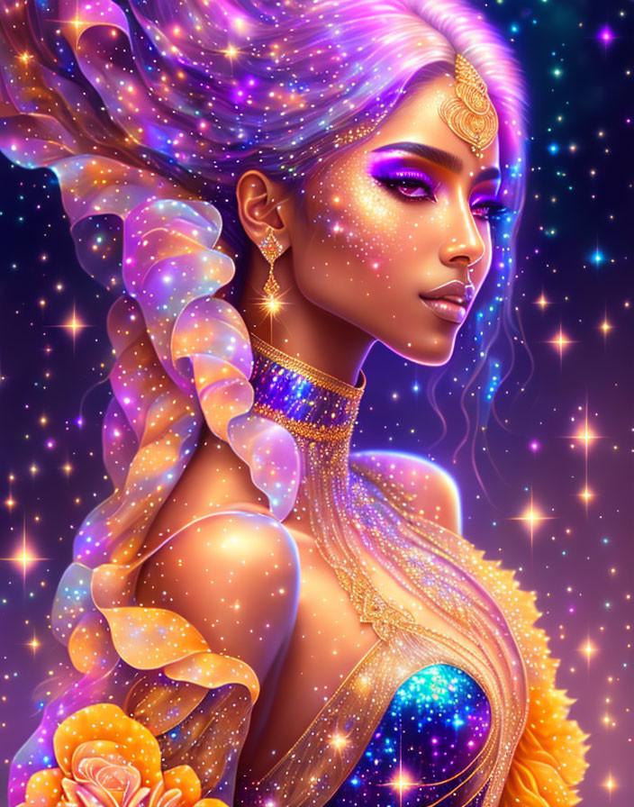 Woman with Cosmic-Themed Skin and Hair in Blue Outfit and Golden Jewelry