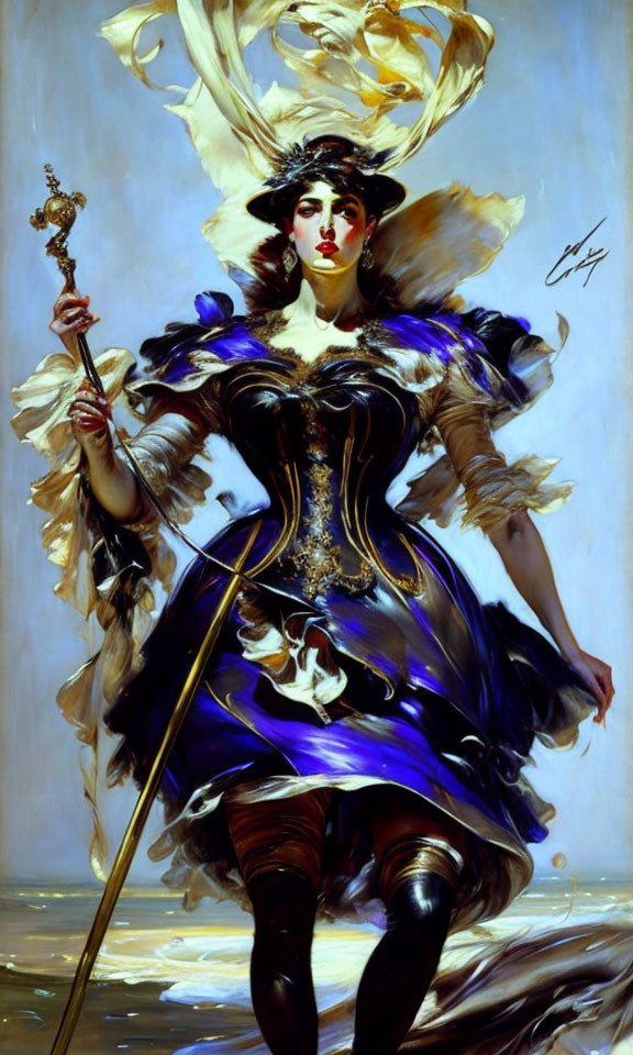 Regal woman in dark blue and gold dress with scepter and swirling feathers