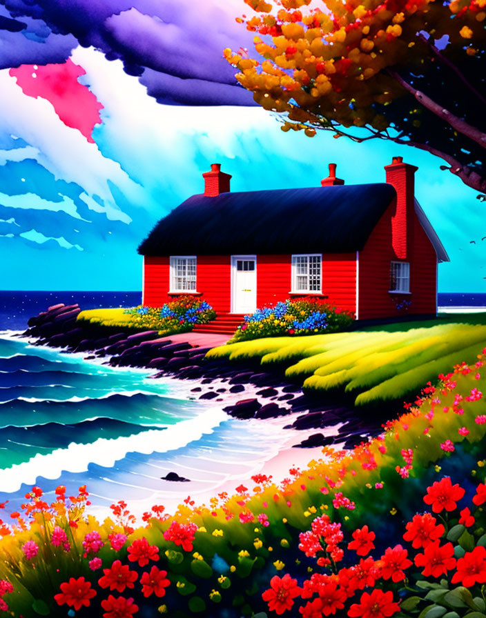 Scenic illustration: Red cottage by the sea with lush greenery and colorful flowers