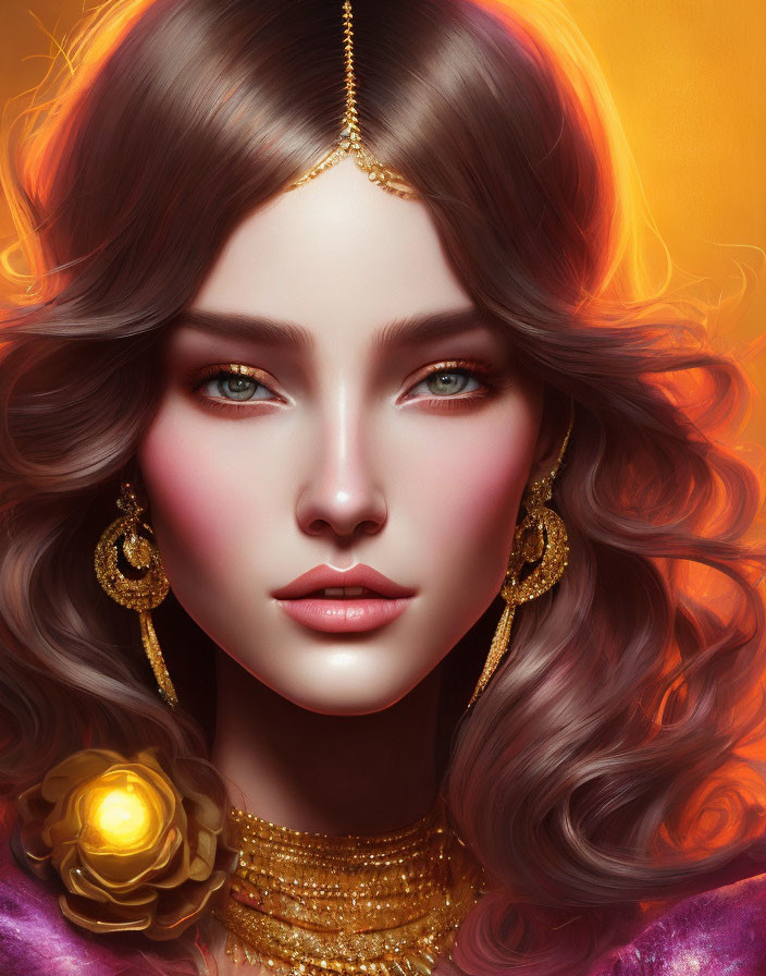 Digital artwork of woman with wavy hair, blue eyes, gold jewelry, purple outfit, orange backdrop