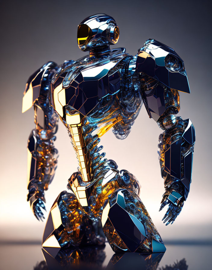 Futuristic reflective gold and black robot on gradient background