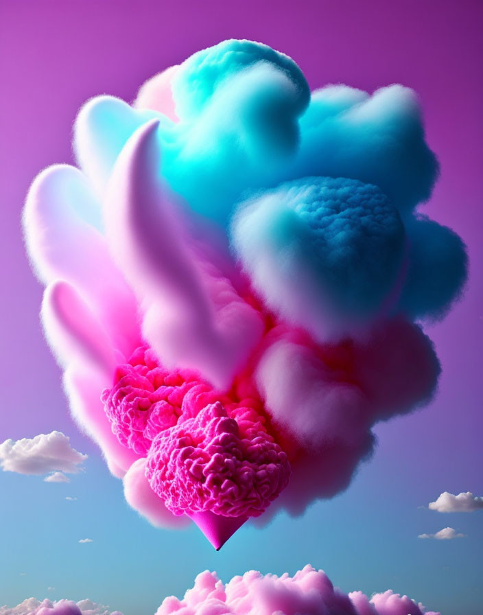 Vibrant pink, blue, and purple clouds in surreal lavender sky