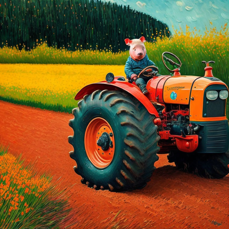 Illustrated pig in denim jumpsuit on vintage orange tractor in vibrant field