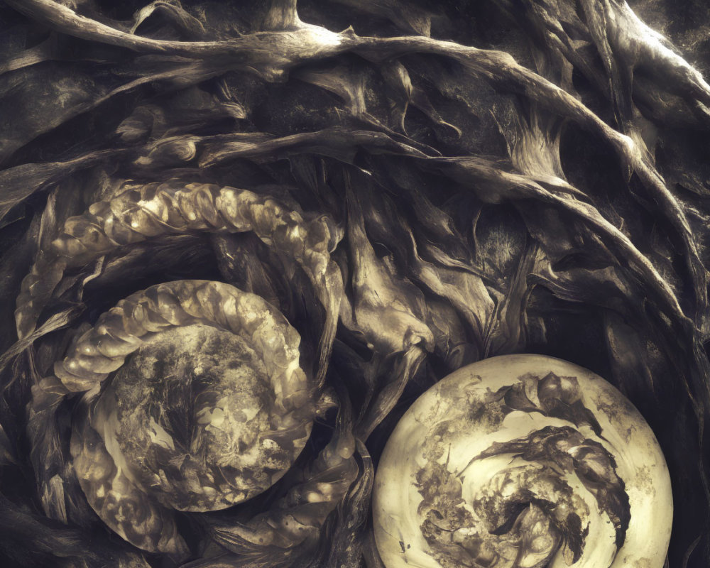 Abstract Close-Up of Spiral Patterns and Textures Resembling Natural Elements in Sepia Tones