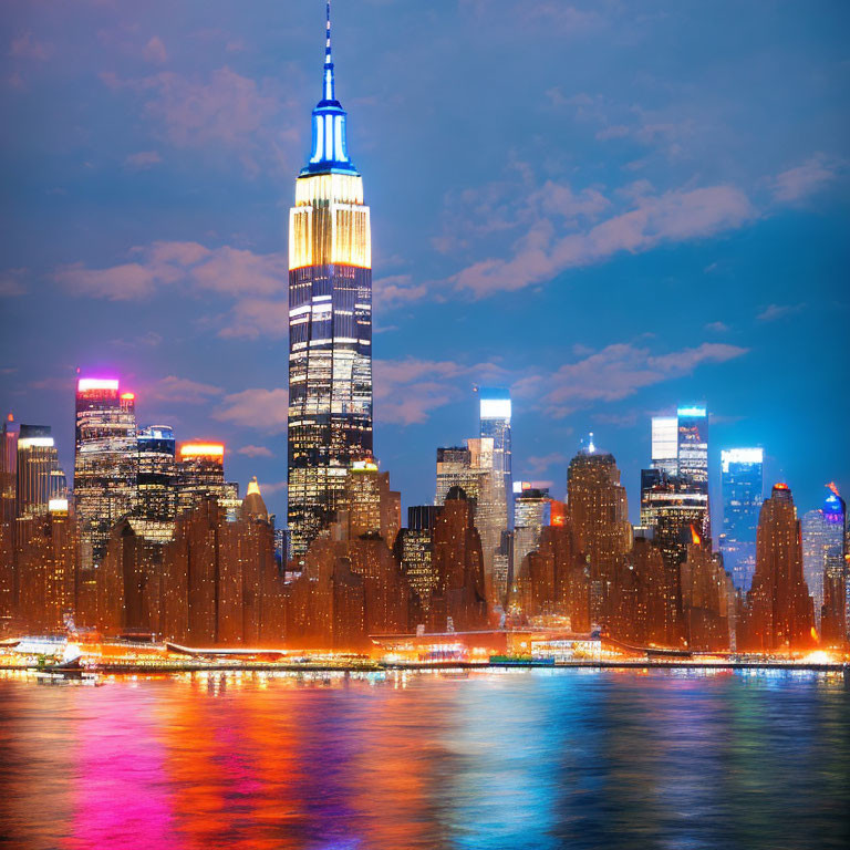 Iconic New York City skyline at night with illuminated Empire State Building reflected on water.