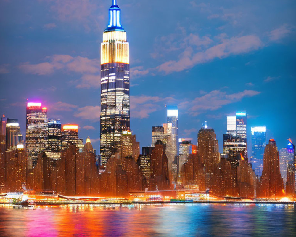 Iconic New York City skyline at night with illuminated Empire State Building reflected on water.