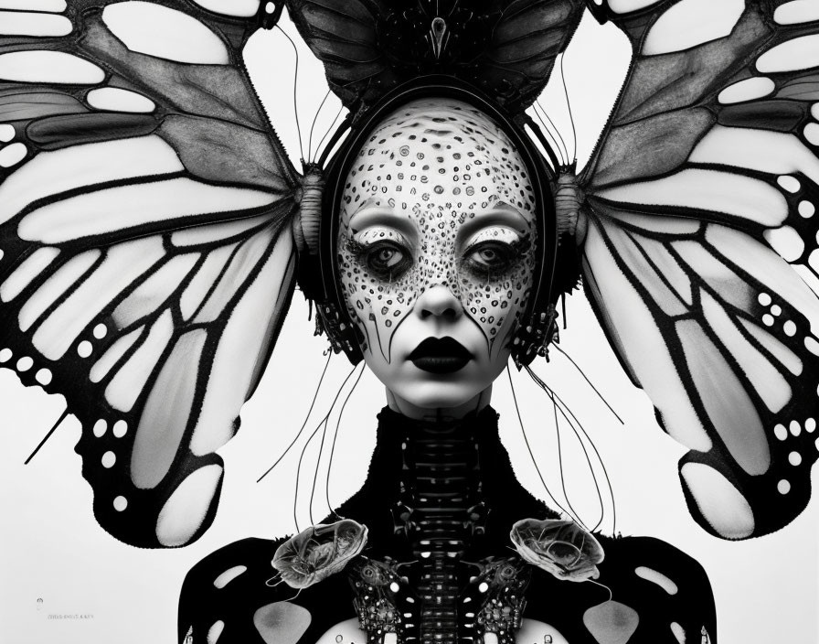 Person with butterfly wings and futuristic bodice in monochrome image