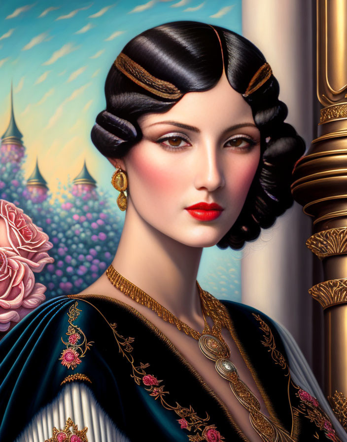 Illustrated portrait of woman in 1930s style with blue dress and fantasy backdrop.