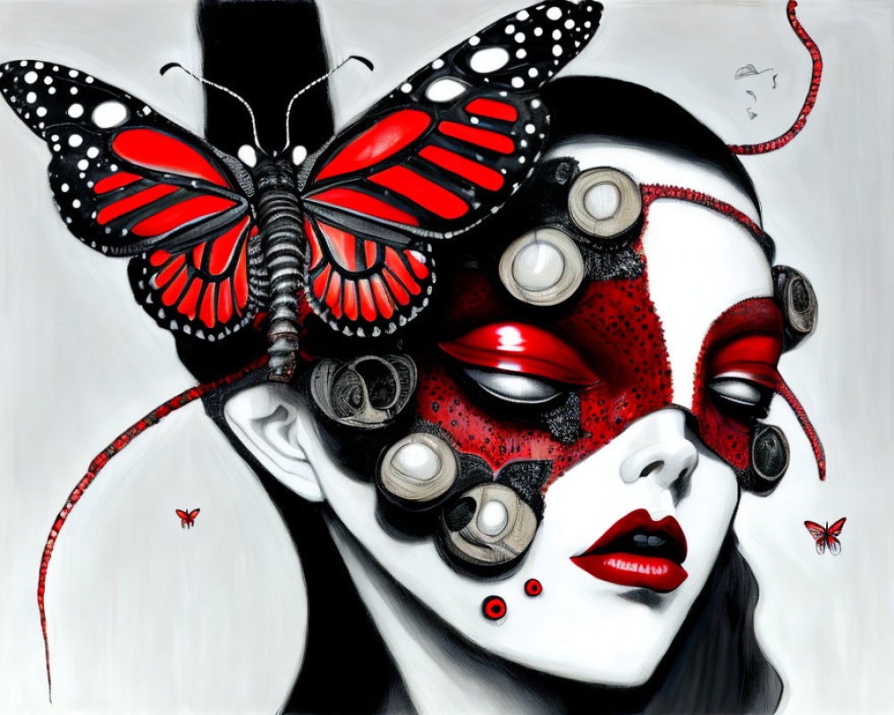 Surreal artwork: Woman with butterfly mask in monochrome palette