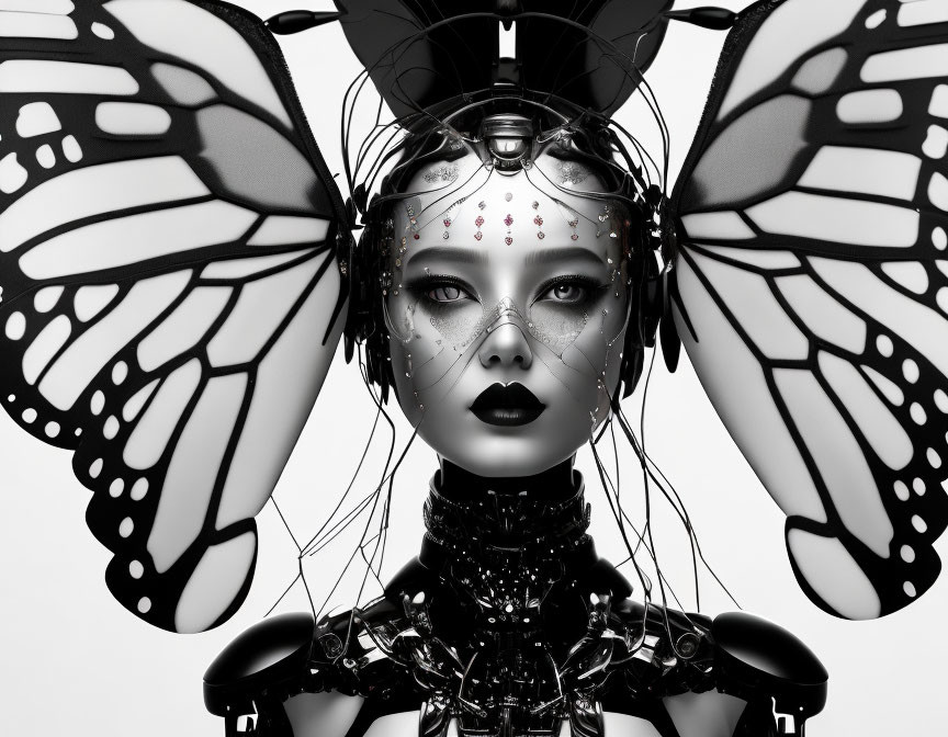 Monochromatic humanoid figure with butterfly wings and futuristic headgear