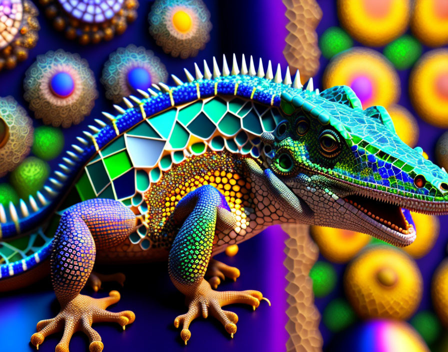 Colorful chameleon digital art on psychedelic background