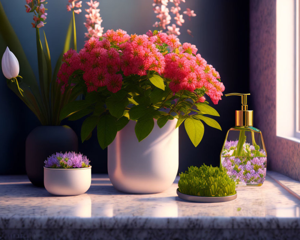 Tranquil windowsill with pink flowers, potted plants, and soap dispenser