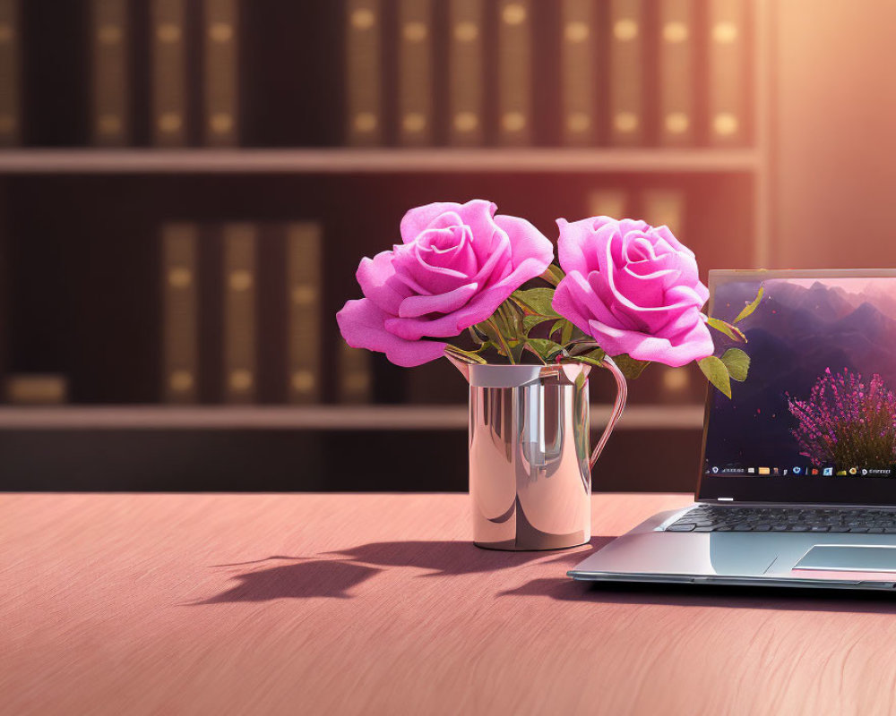 Pink roses in silver cup next to laptop on desk with bookshelves and sunlight.