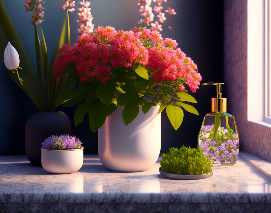 Tranquil windowsill with pink flowers, potted plants, and soap dispenser