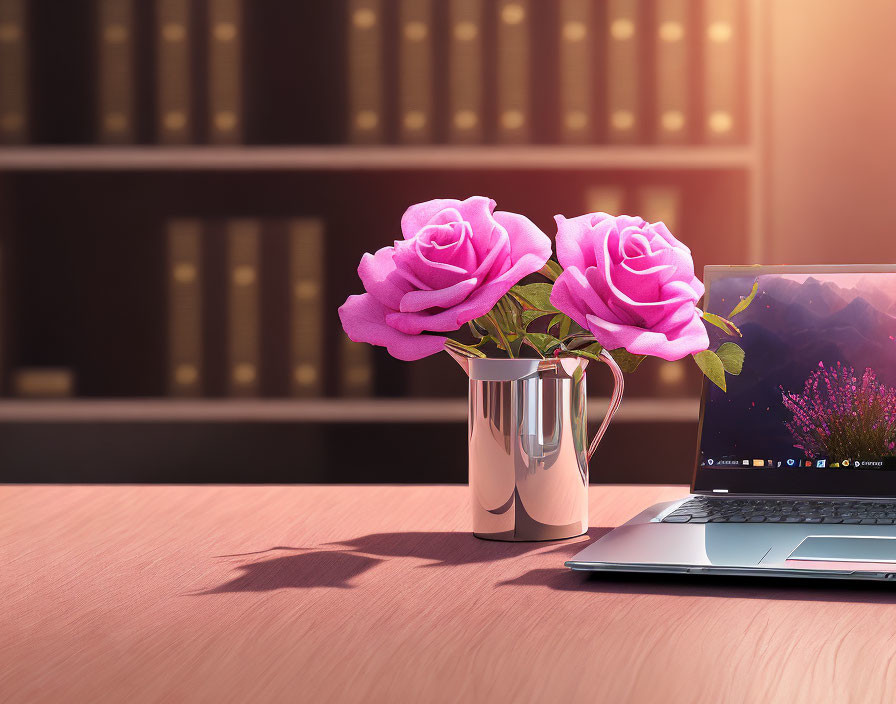 Pink roses in silver cup next to laptop on desk with bookshelves and sunlight.