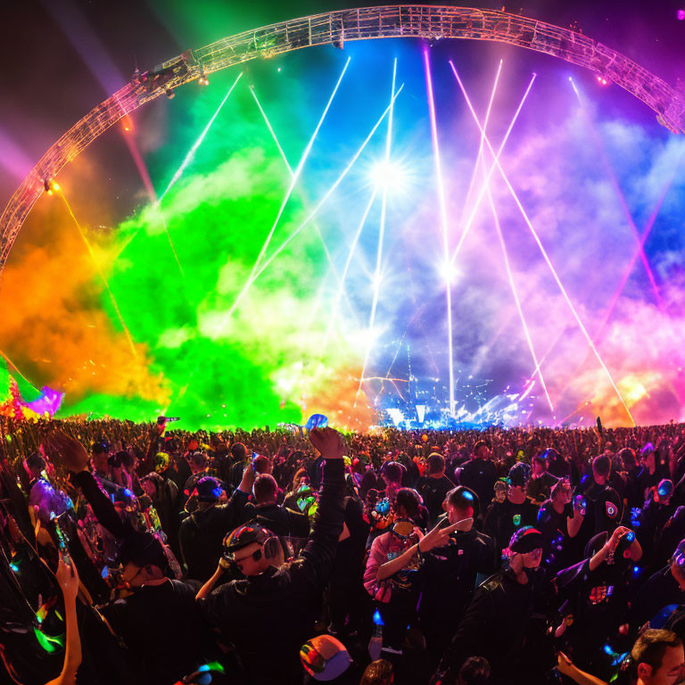 Colorful Outdoor Concert Scene with Vibrant Lights & Arch Structure