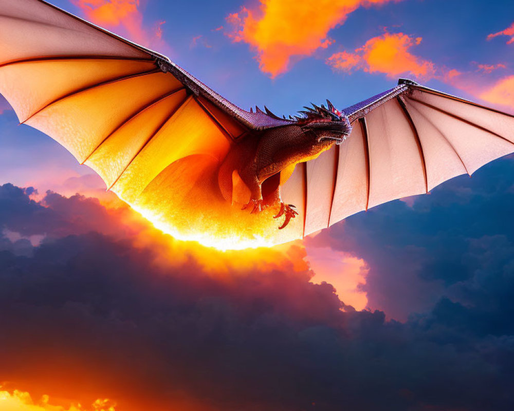 Majestic dragon flying against vibrant sunset sky