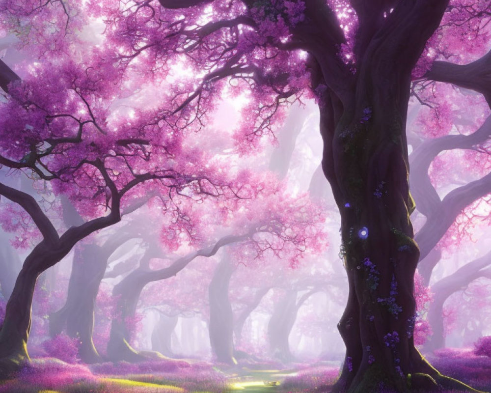 Mystical forest path with pink cherry blossoms and purple flowers