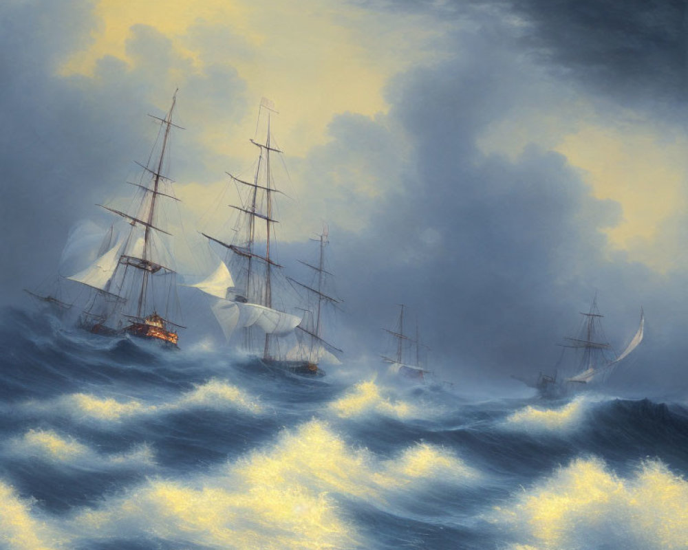 Sailing ships battling turbulent seas under a moody sky