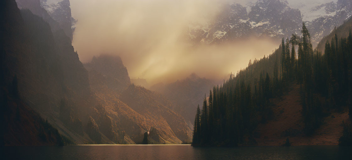 Serene Sunrise Scene: Mountain Lake, Mist, Forest, Peaks