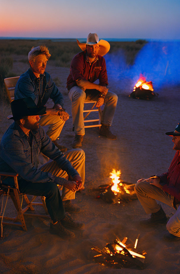 Men in cowboy hats chatting by campfire at dusk