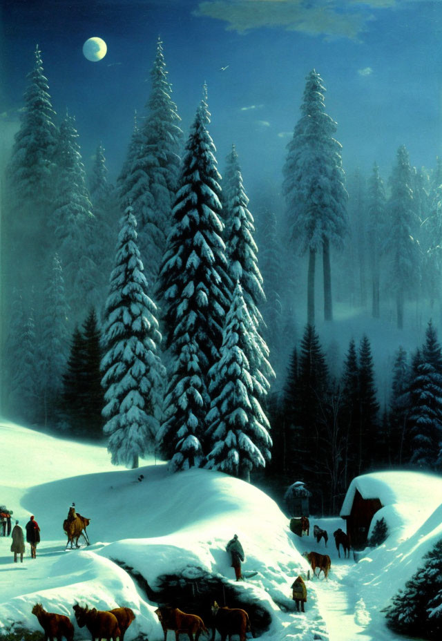 Snow-covered trees, horse-drawn sled, and cattle in serene winter night scene