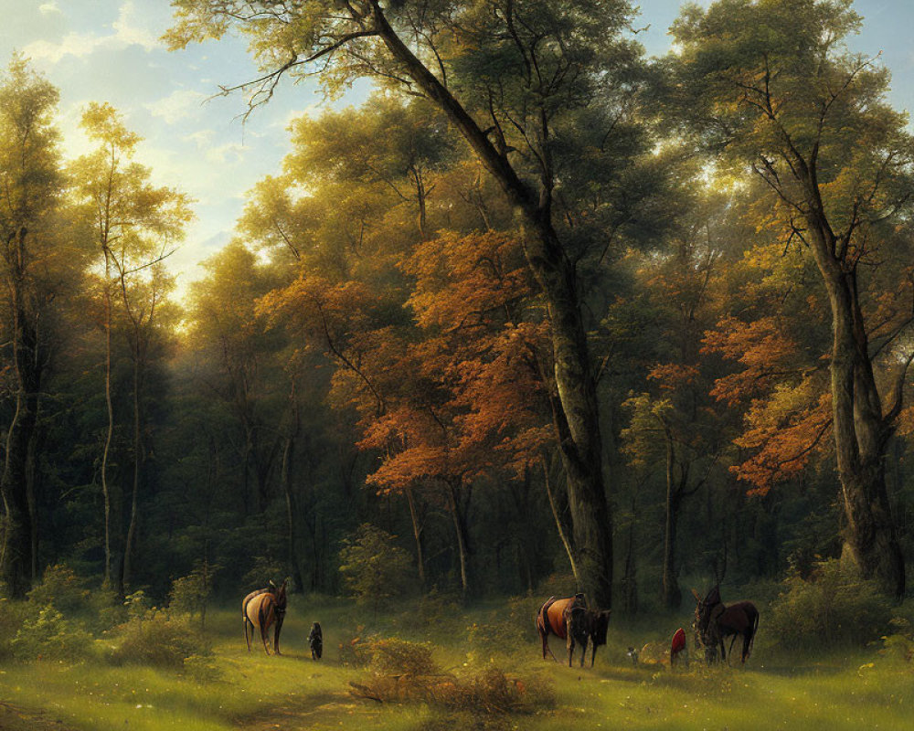 Tranquil Forest Scene with Grazing Horses and Autumn Leaves