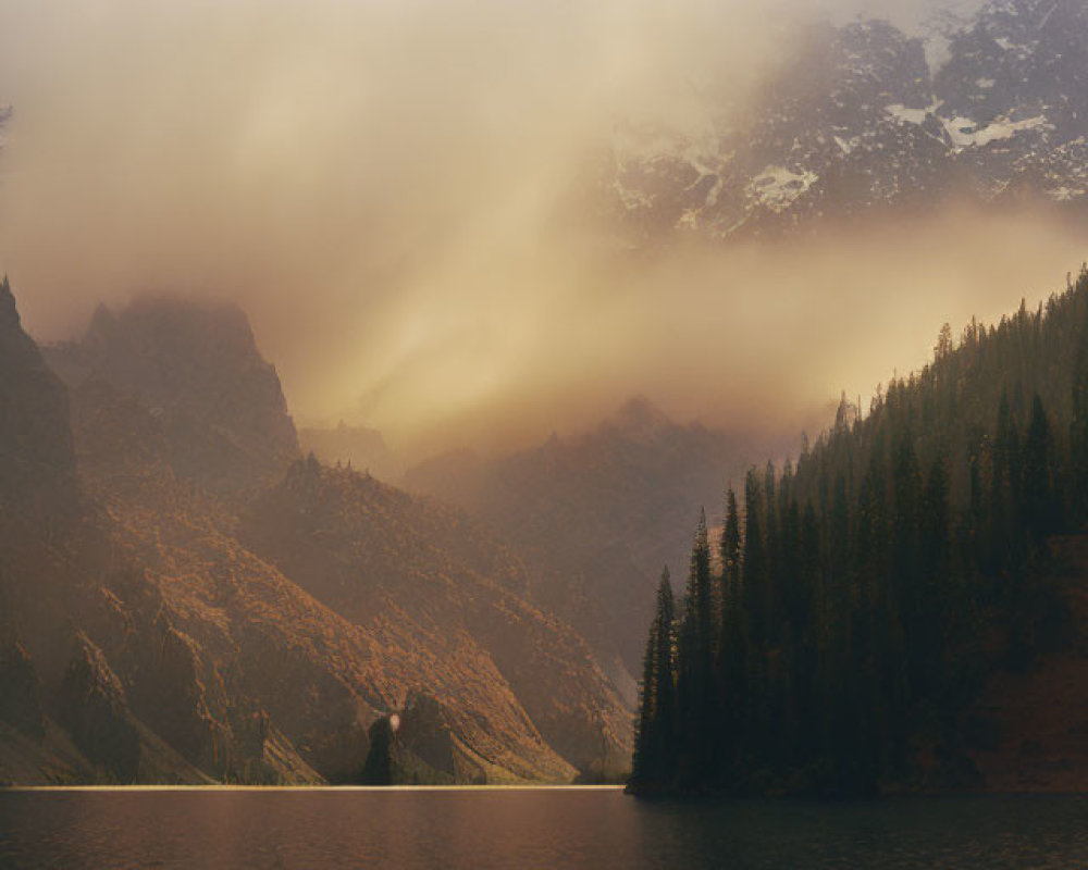 Serene Sunrise Scene: Mountain Lake, Mist, Forest, Peaks