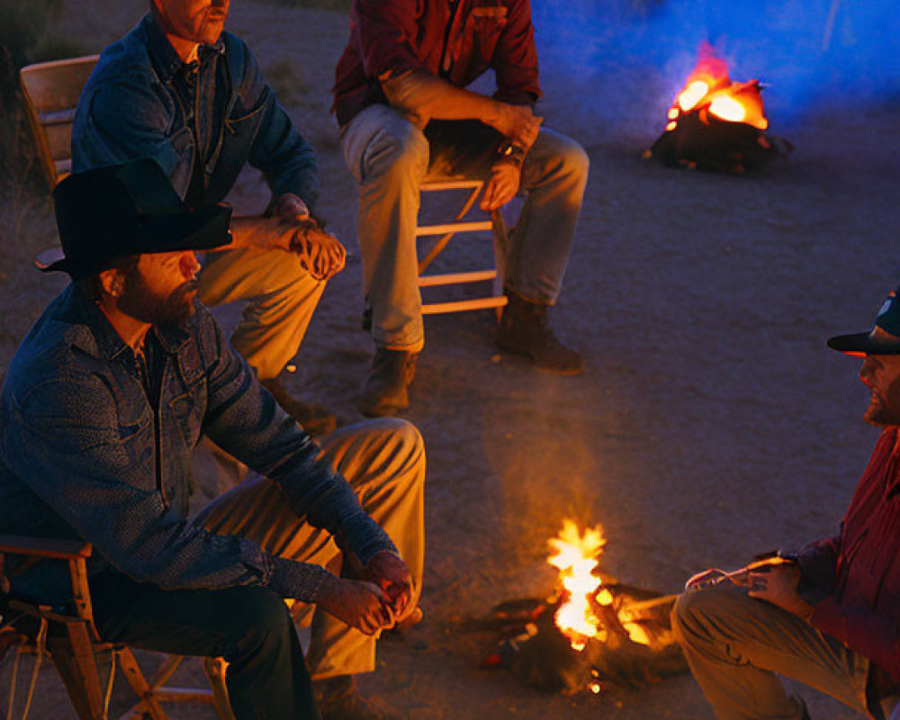 Men in cowboy hats chatting by campfire at dusk