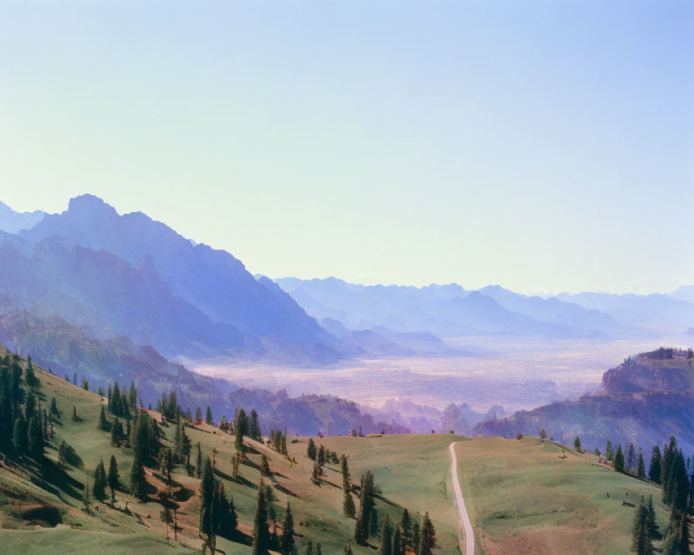 Mountain Range with Winding Road in Forest Leading to Hazy Valley