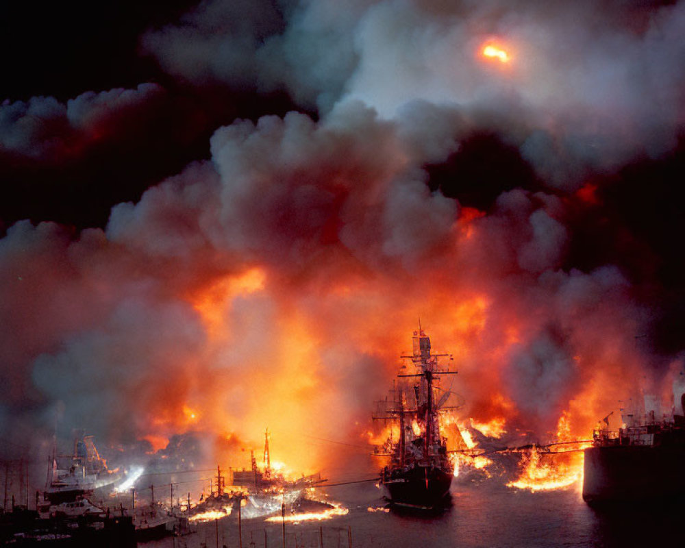 Multiple ships ablaze in nighttime maritime disaster