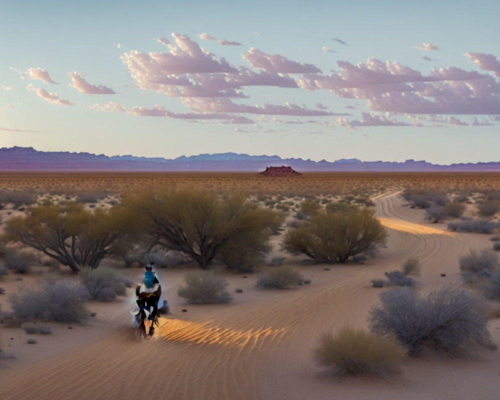 Solitary rider on horse in desert landscape at dusk