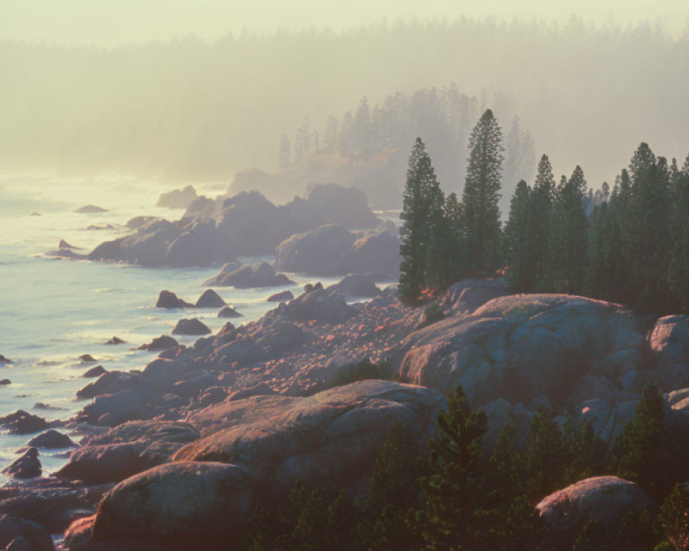 Rocky Shoreline at Sunrise with Misty Pine Trees