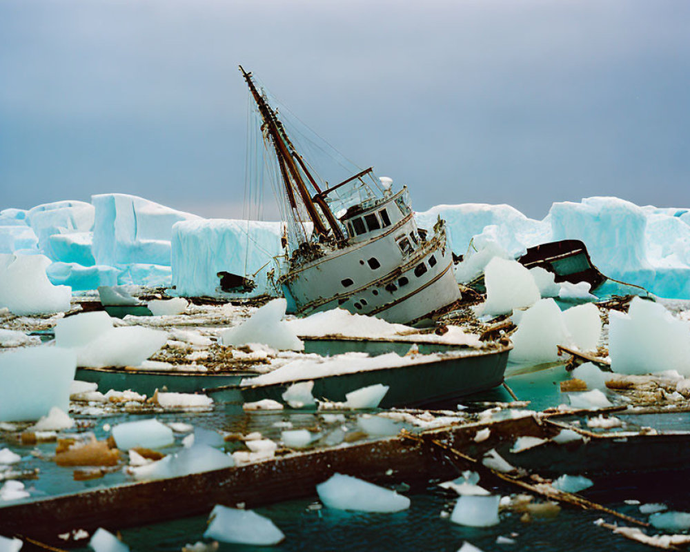 Abandoned ship among icebergs and floating ice shards