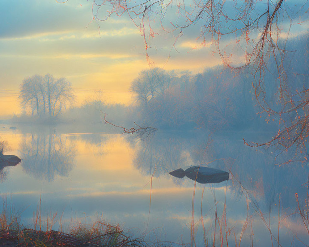 Tranquil riverscape at dawn with mist, bare trees, and rising sun glow