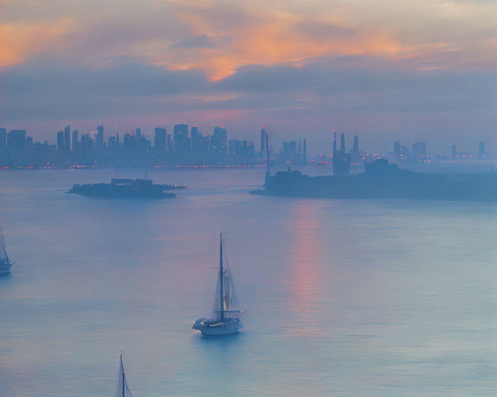 Tranquil seascape at dusk with sailboat and misty city skyline