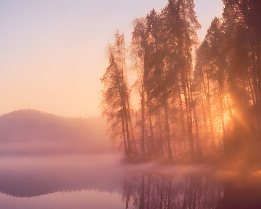 Tranquil lakeside sunrise with sunlight through trees