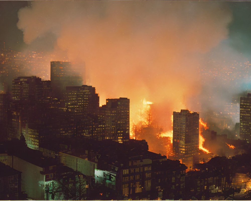 Nighttime cityscape engulfed in flames with smoke rising, illuminating buildings