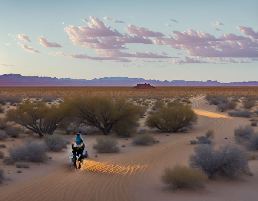 Solitary rider on horse in desert landscape at dusk