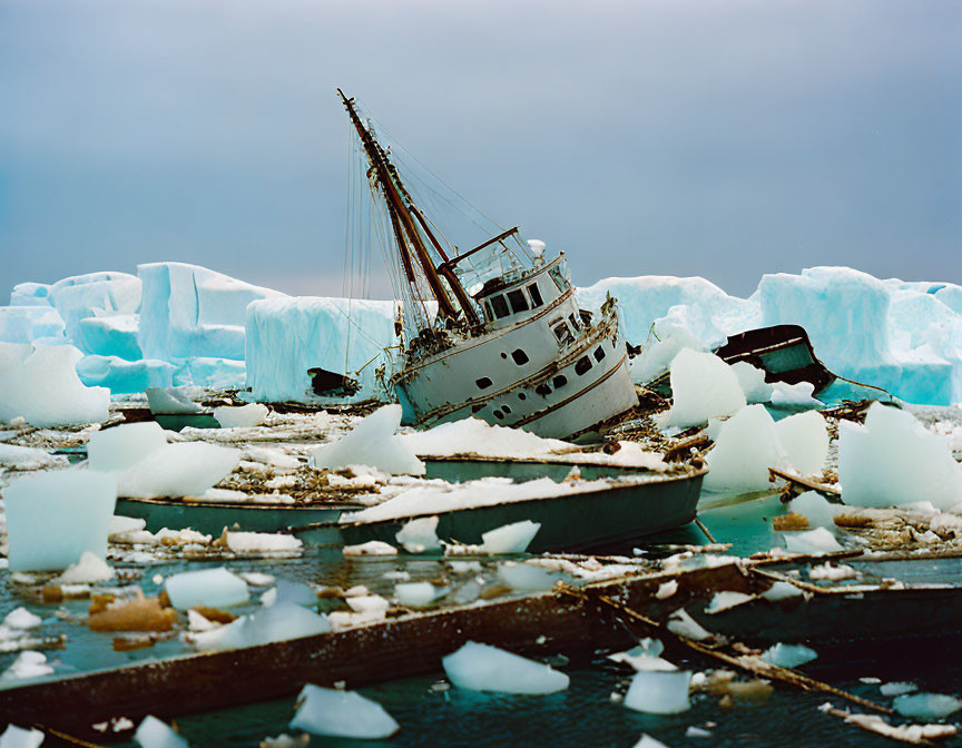 Abandoned ship among icebergs and floating ice shards