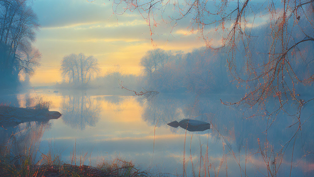 Tranquil riverscape at dawn with mist, bare trees, and rising sun glow