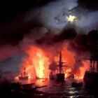 Multiple ships ablaze in nighttime maritime disaster