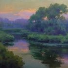 Misty dawn landscape with river, trees, and pastel sky