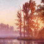 Tranquil lakeside sunrise with sunlight through trees