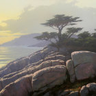 Rocky Shoreline at Sunrise with Misty Pine Trees