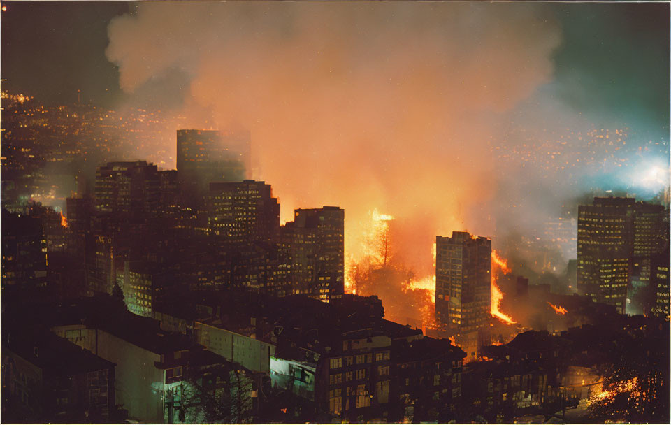 Nighttime cityscape engulfed in flames with smoke rising, illuminating buildings