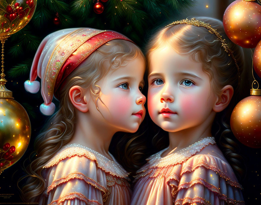 Illustrated young girls in festive attire by Christmas tree