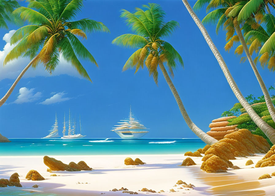 Tranquil Tropical Beach with Palm Trees and Yachts