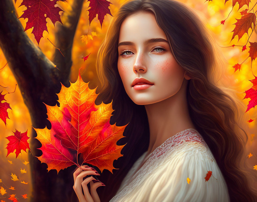 Digital art portrait of woman with flowing hair and red autumn leaf in golden foliage