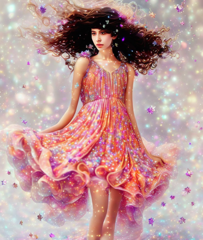 Illustration of woman with flowing hair in pastel dress among stars and blossoms